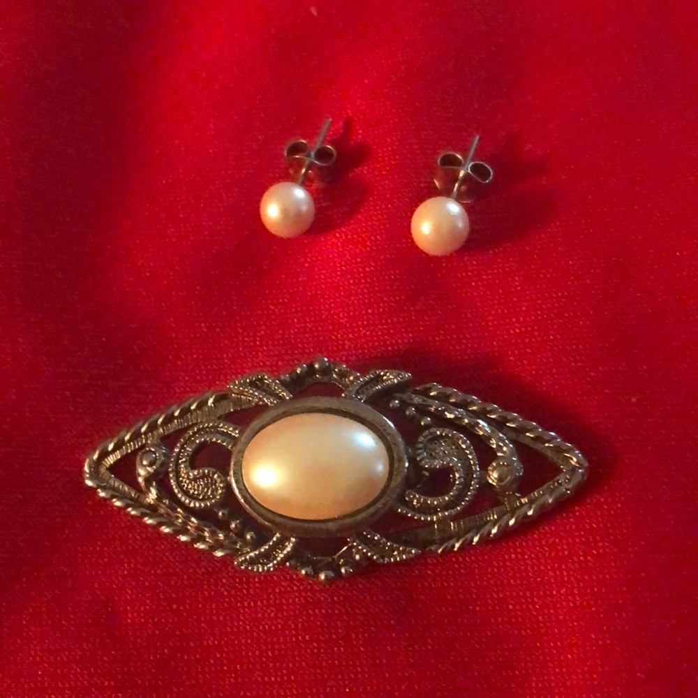 Sterling Silver (Not Stamped) Pearl Stud Earrings with Pin